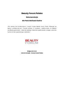 Rekomendacja Beauty Forum Polska dla konferansjera Mariusza Rusina za profesjonalne prowadzenie targów i sceny prelekcyjnej