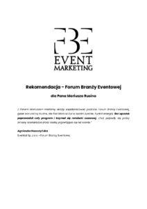 Rekomendacja Forum Branży Eventowej dla konferansjera Mariusza Rusina za profesjonalne prowadzenie programu