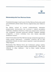 Rekomendacja Medicover Prosta dla konferansjera Mariusza Rusina za poprowadzenie kolacji firmowej