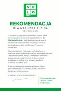 Dokument referencji i rekomendacji dla konferansjera Mariusza Rusina od partnerów placówek Velo Banku Natalii i Pawła Bartkowskich